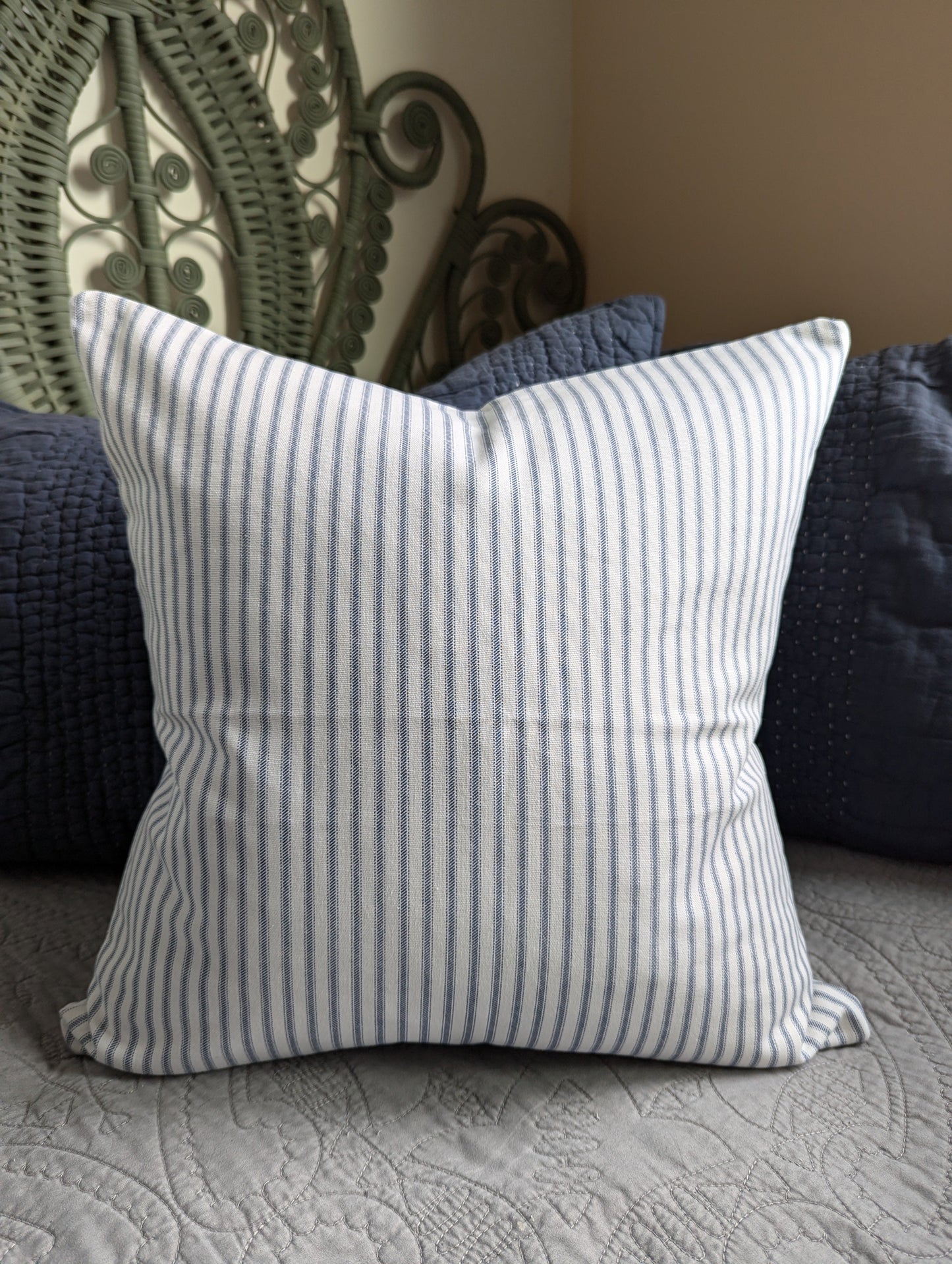 Navy and White Ticking Stripe Throw Pillow Cover 9 Sizes 8 Colors Made in USA