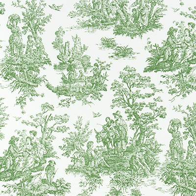 green toile shower curtain detail