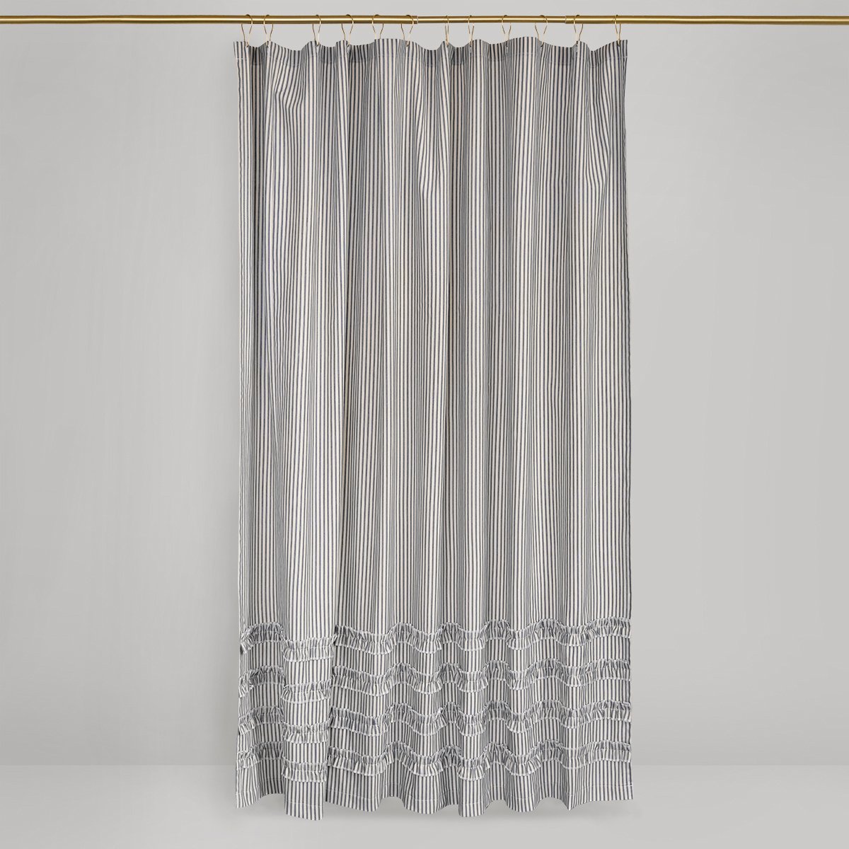 Vintage Ticking Stripe Shower Curtain with Ruffles | 3 Sizes | Black Gray Navy Brown Red