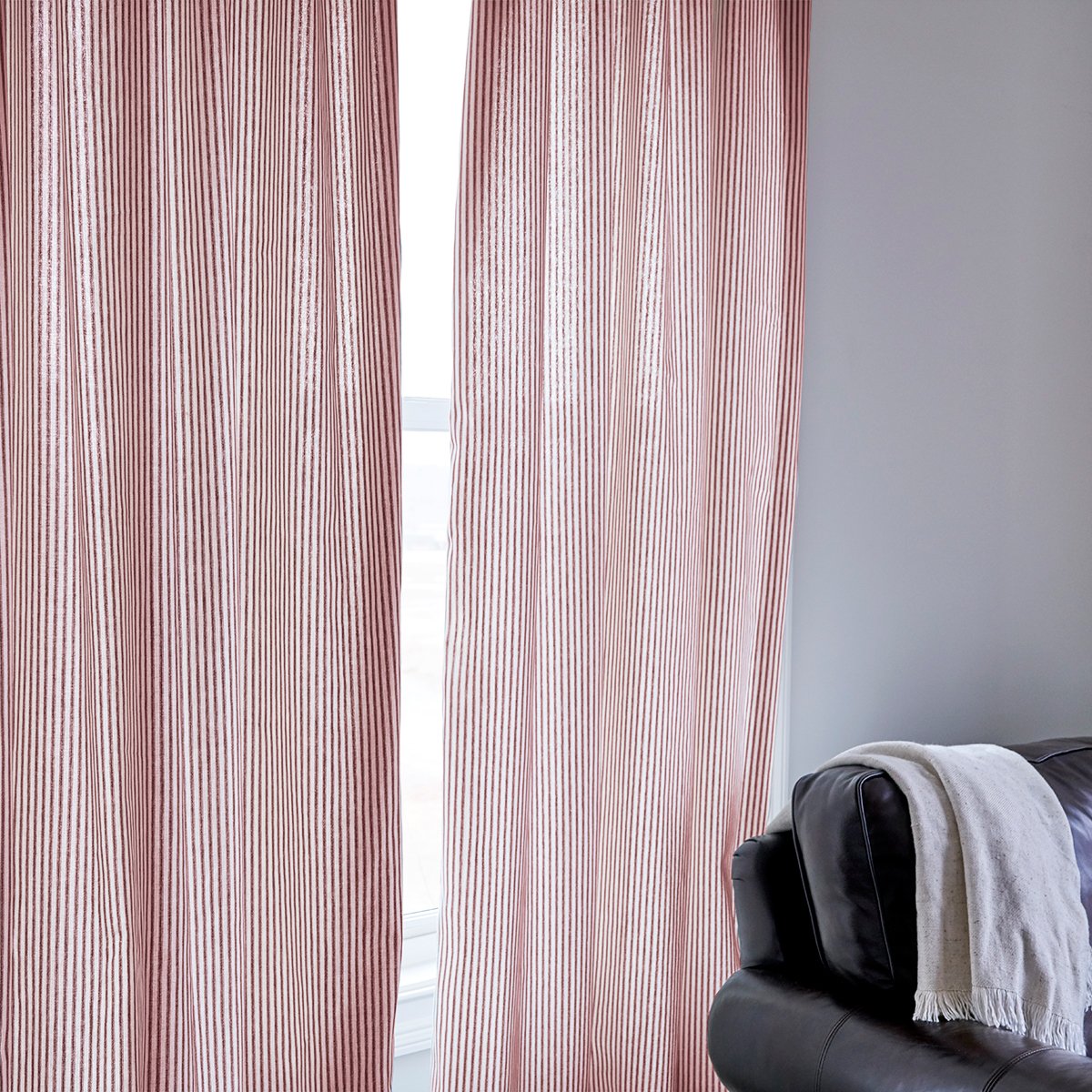 Red Ticking Stripe Curtain Panel 84” Tall