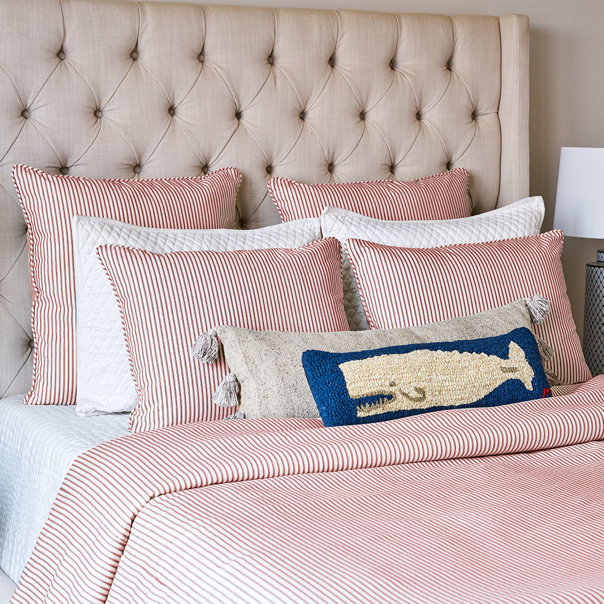 Red Ticking Stripe Bedding Set on Linen Bed