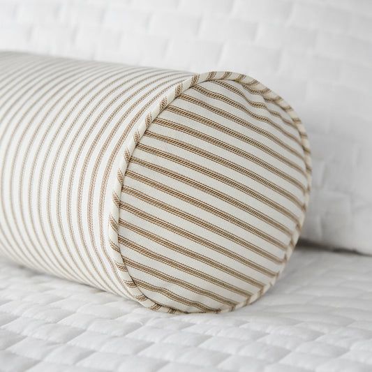 Brown Ticking Stripe Bolster Pillow Detail