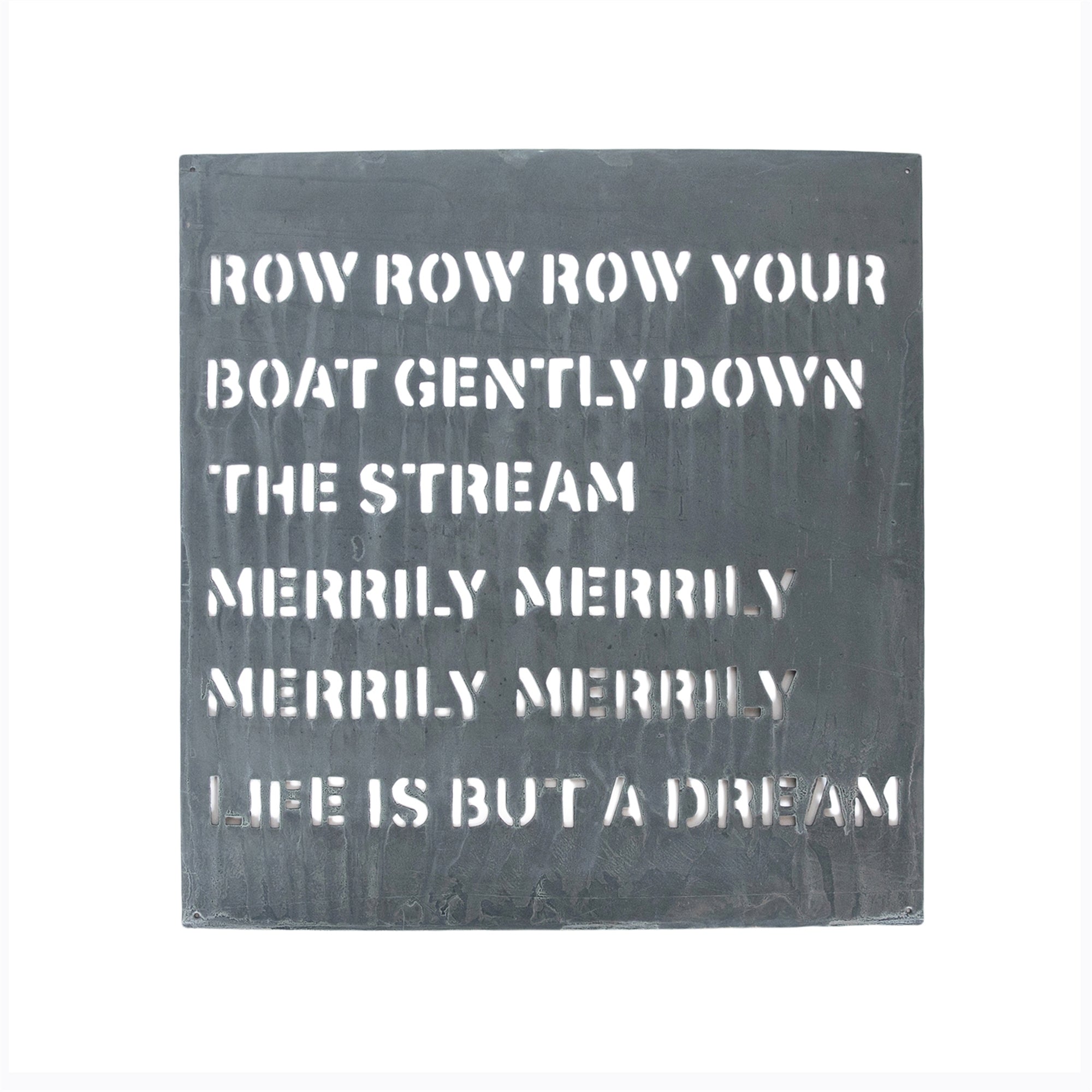 Image of Sugarboo & Co metal sign entitled row row row your boat with the words row row row your boat gently down the stream merrily merrily merrily life is but a dream