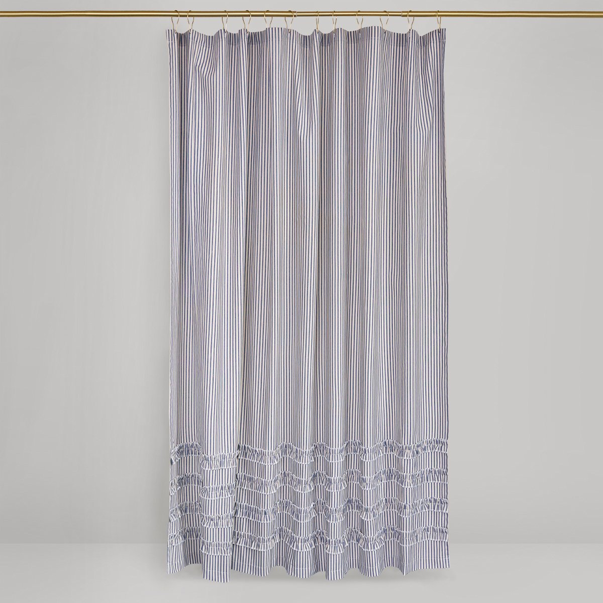 Vintage Ticking Stripe Shower Curtain with Ruffles  Extra Long  72 x 96