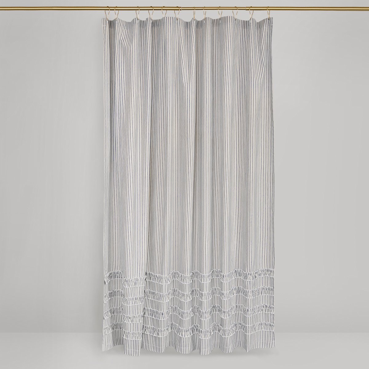 Vintage Ticking Stripe Shower Curtain with Ruffles  Extra Long  72 x 96