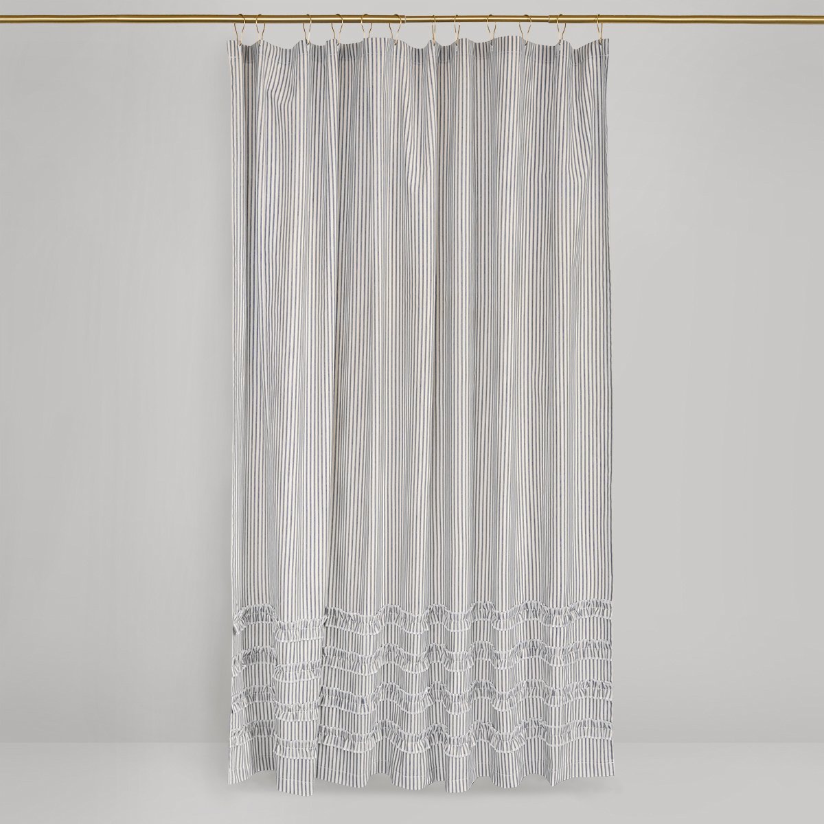 Ruffled Ticking Stripe Shower Curtain | Gray, Black, Navy Blue, Brown, Red