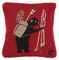 Black Bear Fishing Wool Hooked Throw Pillow