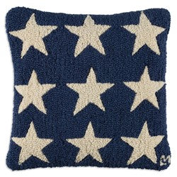 Blue and White Stars Wool Hooked Throw Pillow