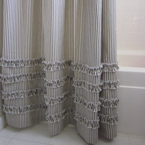 Vintage Ticking Stripe Shower Curtain with Ruffles | 3 Sizes | Black Gray Navy Brown Red