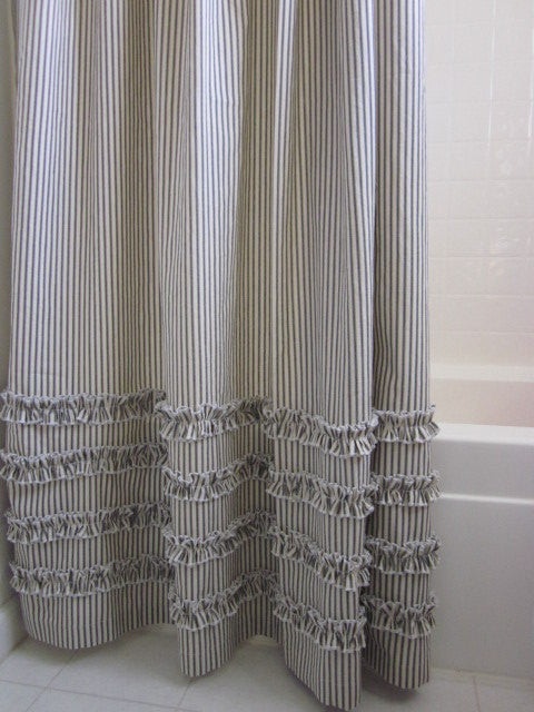 Vintage Ticking Stripe Shower Curtain with Ruffles