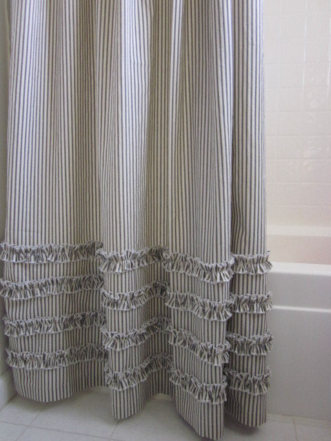 Vintage Ticking Stripe Shower Curtain with Ruffles  Extra Long  72 x 96