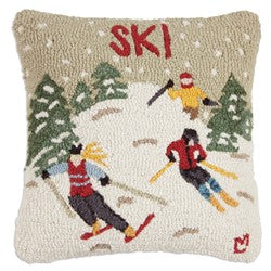 Ski Themed Throw Pillow Wool Hooked